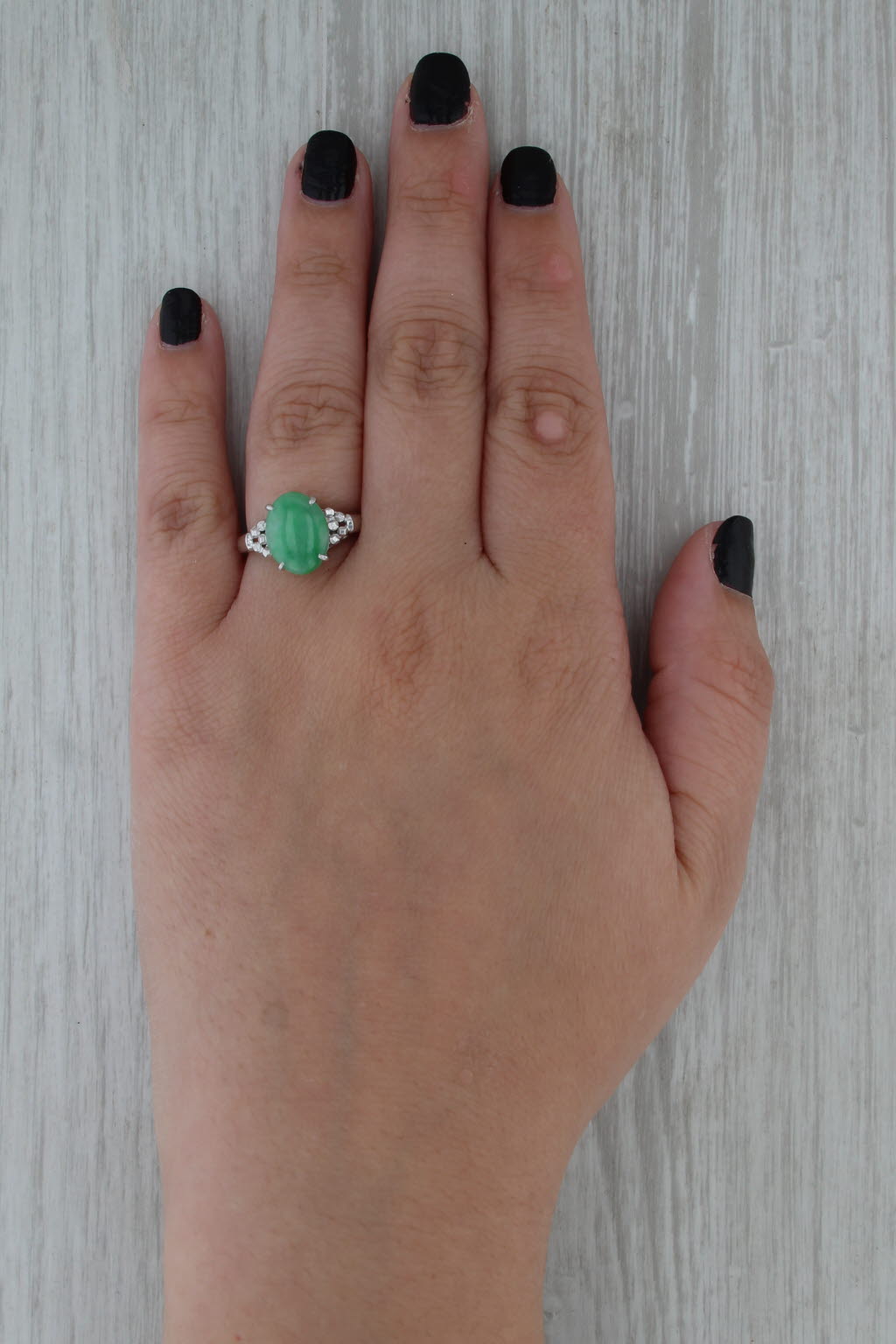 Green Jadite Jadeite Jade Ring 14k White Gold Oval Cabochon Solitaire Size 7.5