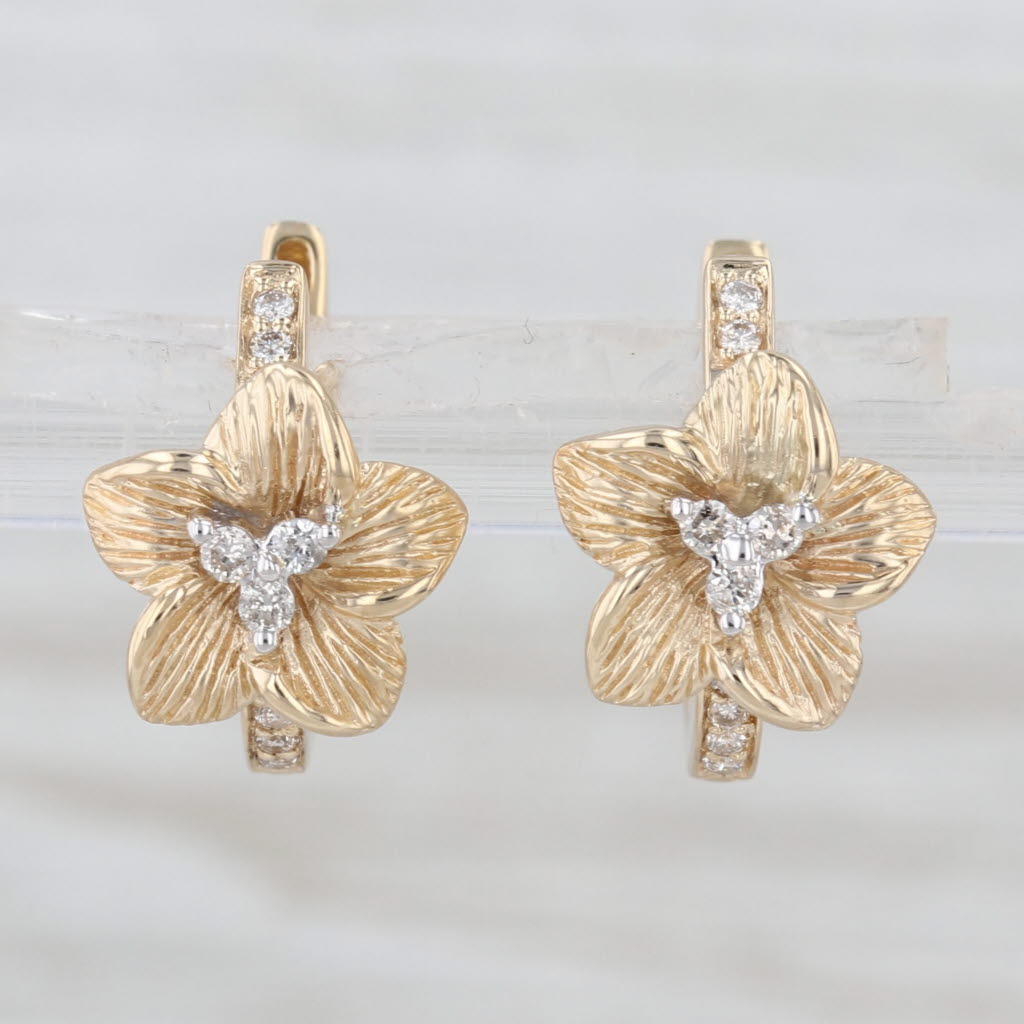 0.14ctw Diamond Flower Hoop Earrings 14k Yellow Gold Hinged Snap Top Hoops