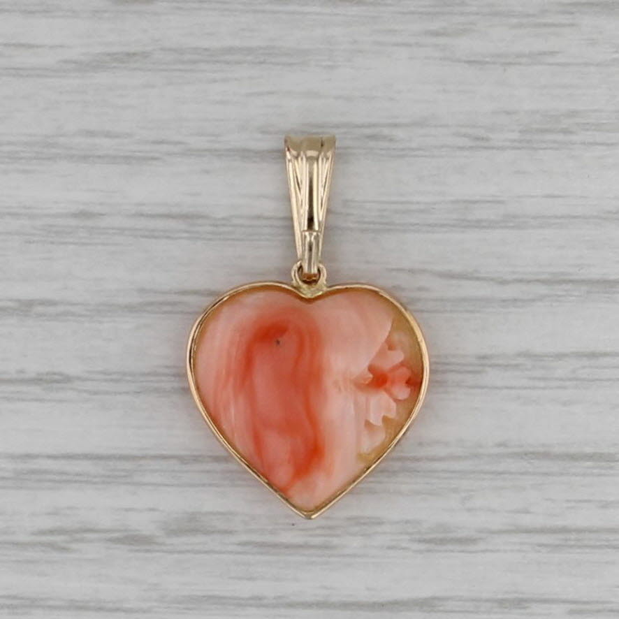 Peach Pink Coral Floral Carved Heart Pendant 14k Yellow Gold