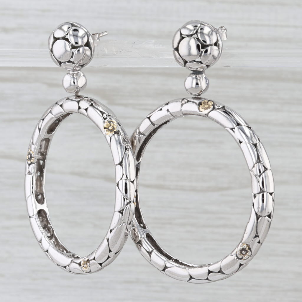 Large Floral Hoop Earrings Sterling Silver Gold Plated Flowers Statement Dangles