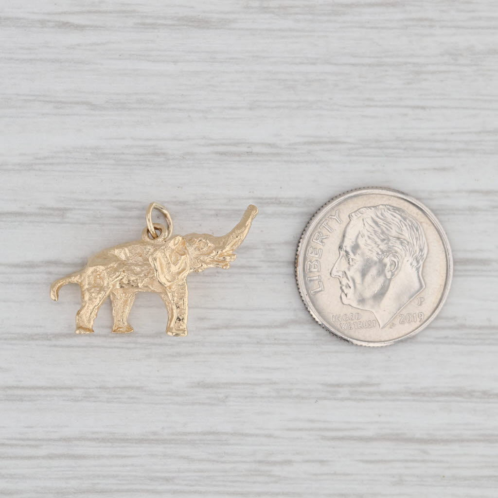 Light Gray Elephant Raised Trunk Charm 14k Yellow Gold Small Drop Good Luck Animal Jewelry