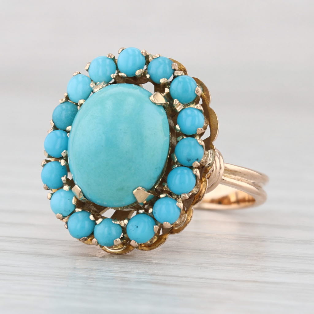 Vintage Turquoise Cabochon Halo Ring 14k Yellow Gold Size 5.5