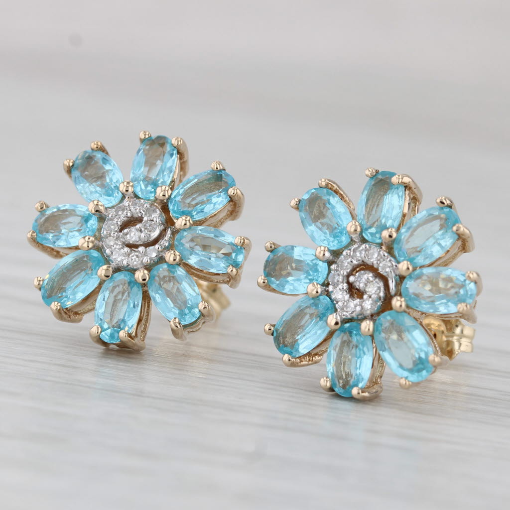 Gray 3.25ctw Blue Apatite Diamond Flower Stud Earrings 14k Yellow Gold