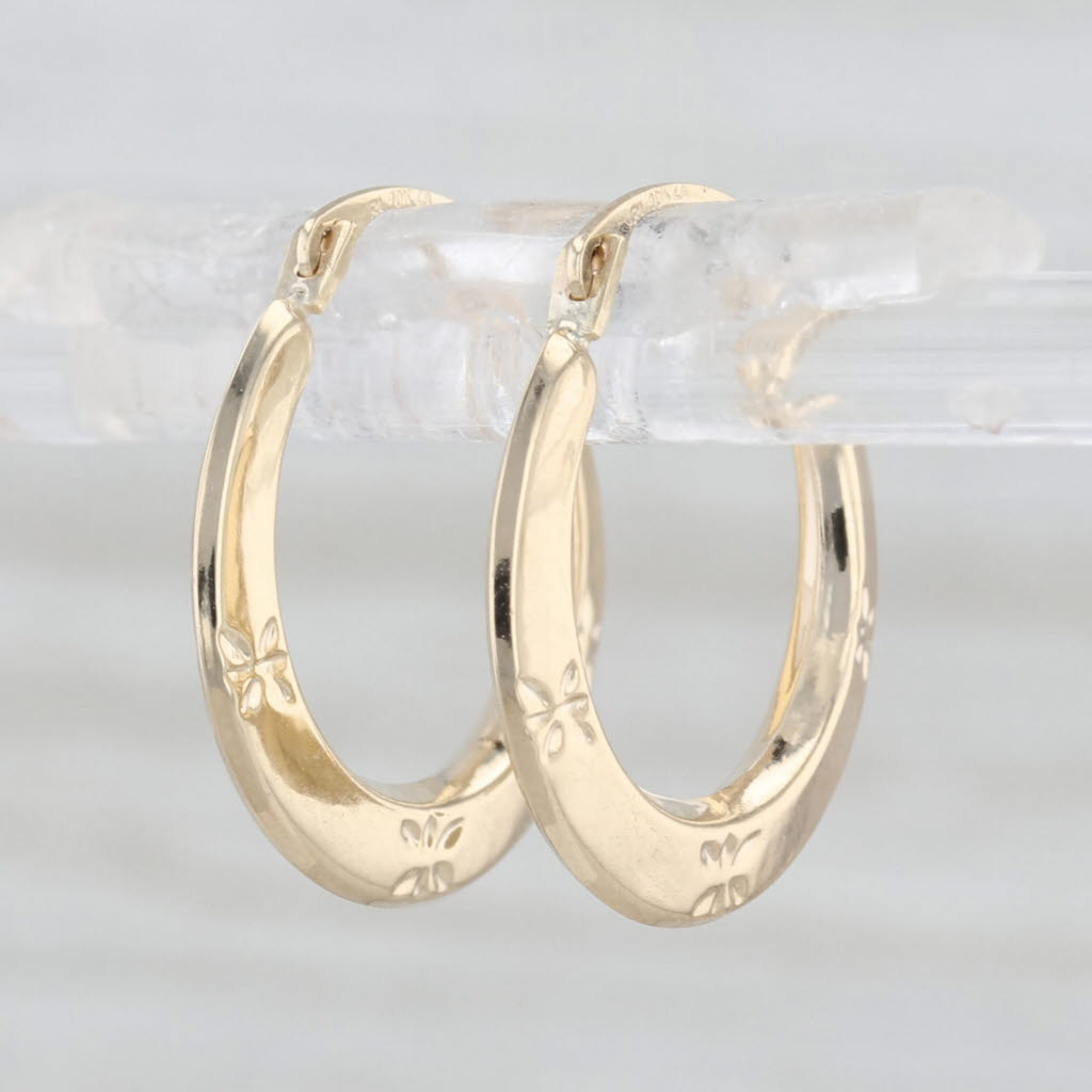 Floral Etched Hoop Earrings 10k Yellow Gold Snap Top Posts Round Hoops
