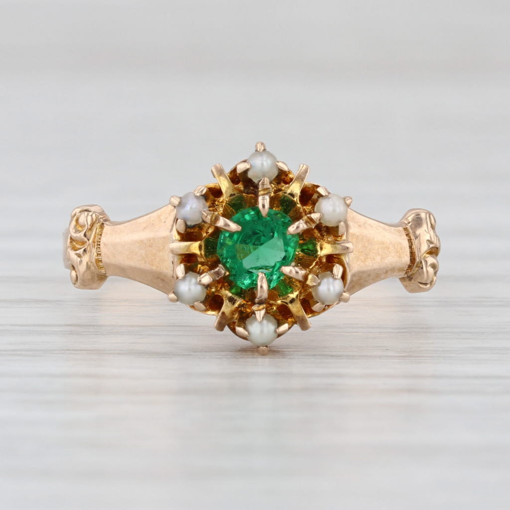 Victorian Green Garnet Glass Pearl Halo Ring 10k Yellow Gold Antique Size 8