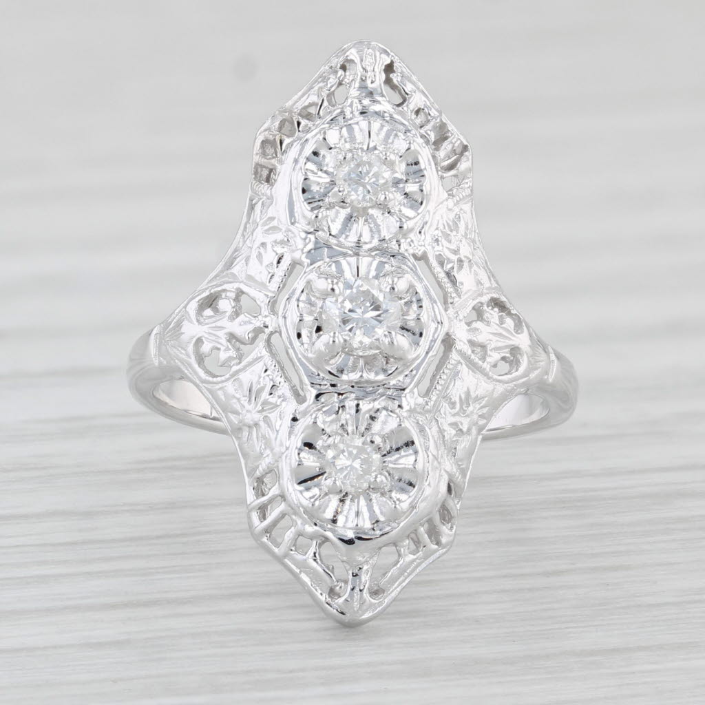 Light Gray 0.16ctw Diamond 3-Stone Vintage Ornate Ring 14k White Gold Size 4.5