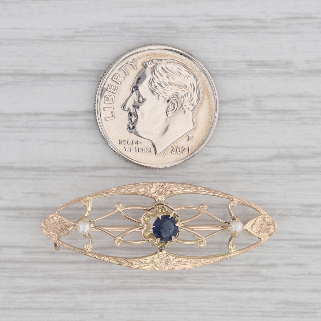 Gray Vintage Blue Glass Imitation Sapphire Pearl Filigree Brooch 10k Gold Floral Pin