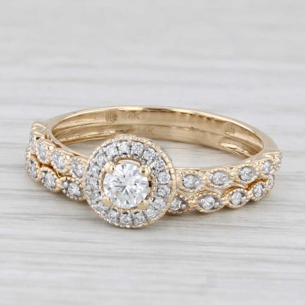 Light Gray 0.36ctw Round Diamond Halo Engagement Ring Bridal Set 14k Yellow Gold Size 7.25