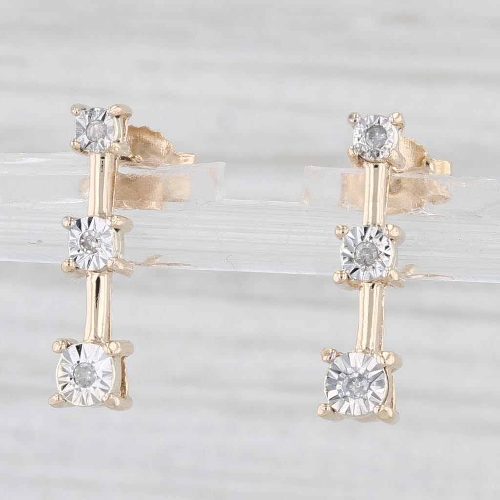 Light Gray Diamond 3-Stone Journey Earrings 10k Yellow Gold Pierced Drops