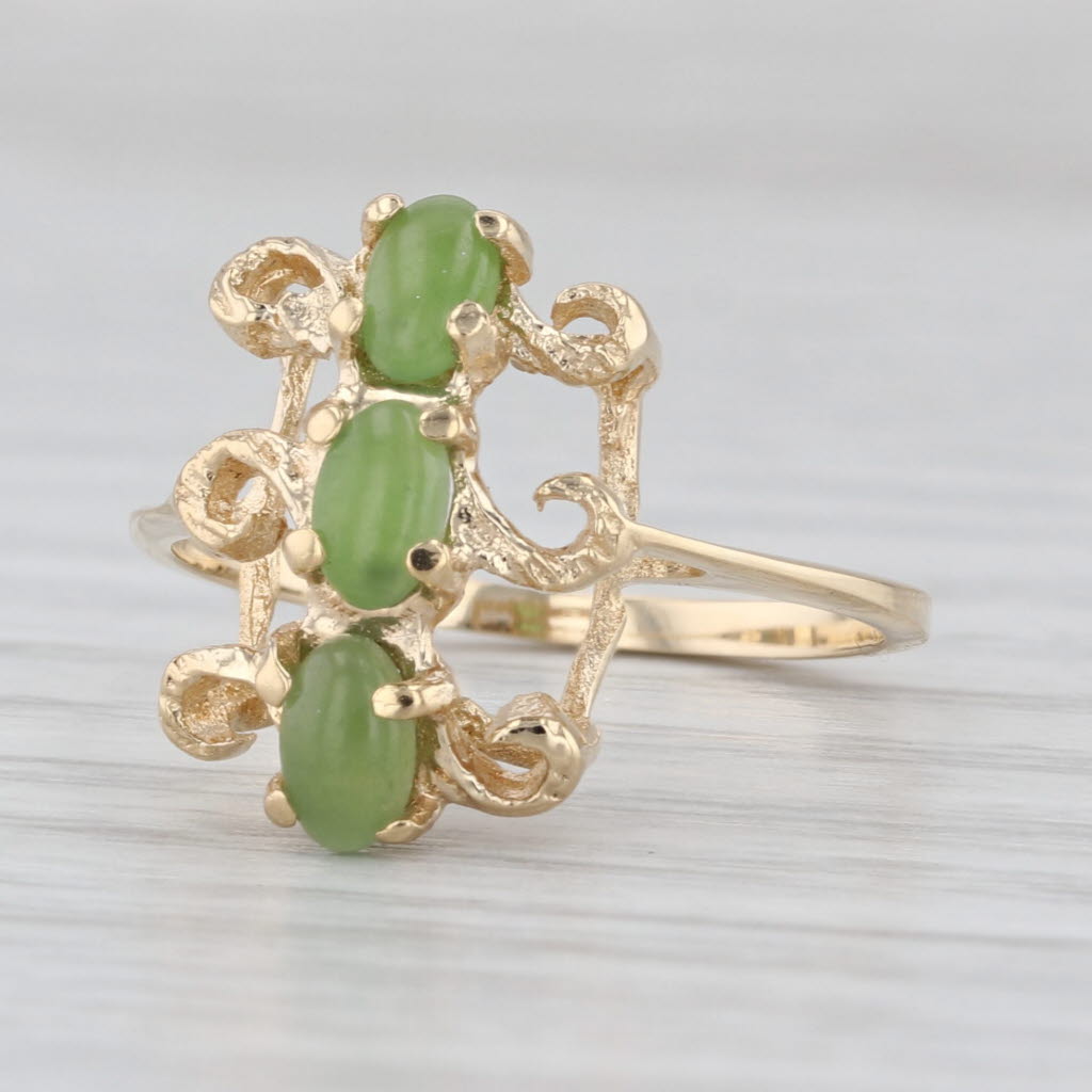 3-Stone Green Nephrite Jade Ring 14k Yellow Gold Size 6.5