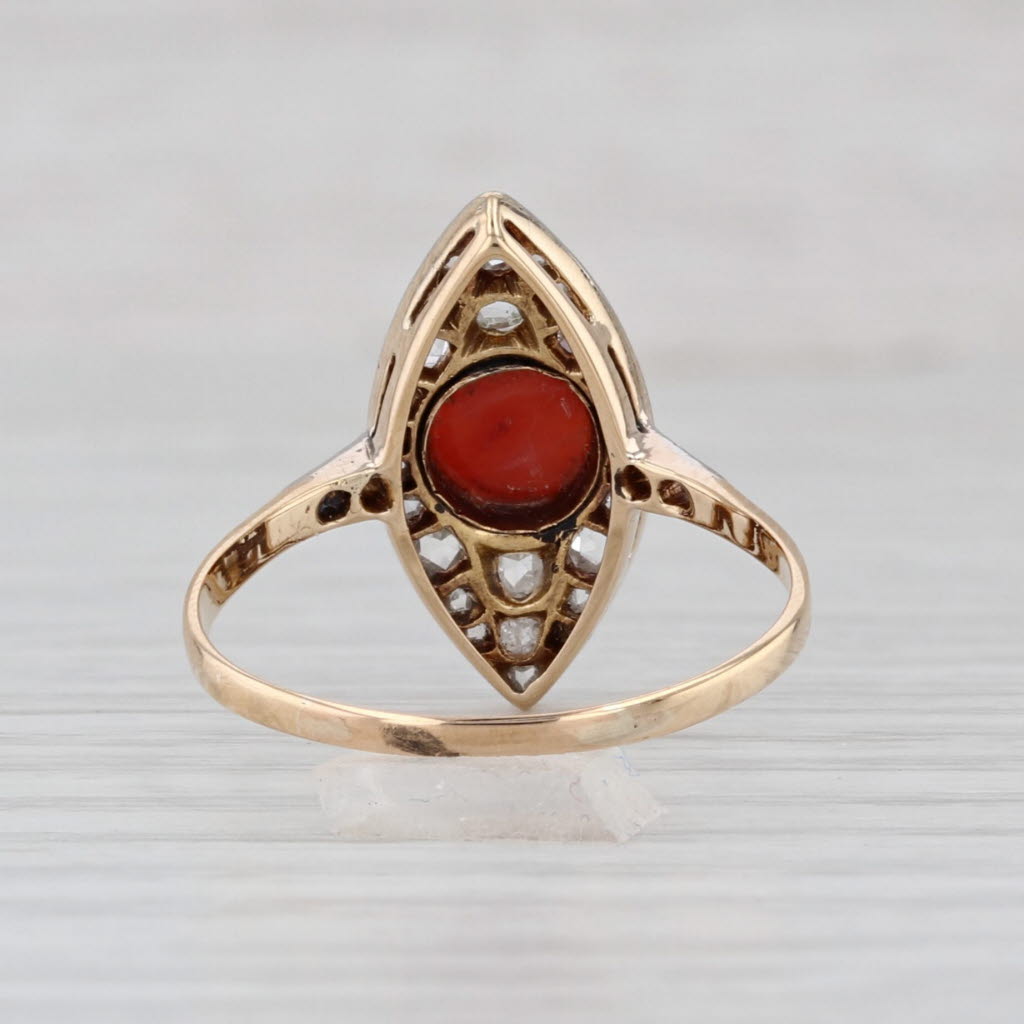 Antique Red Coral Diamond Ring 18k Yellow Gold Platinum Size 8.75