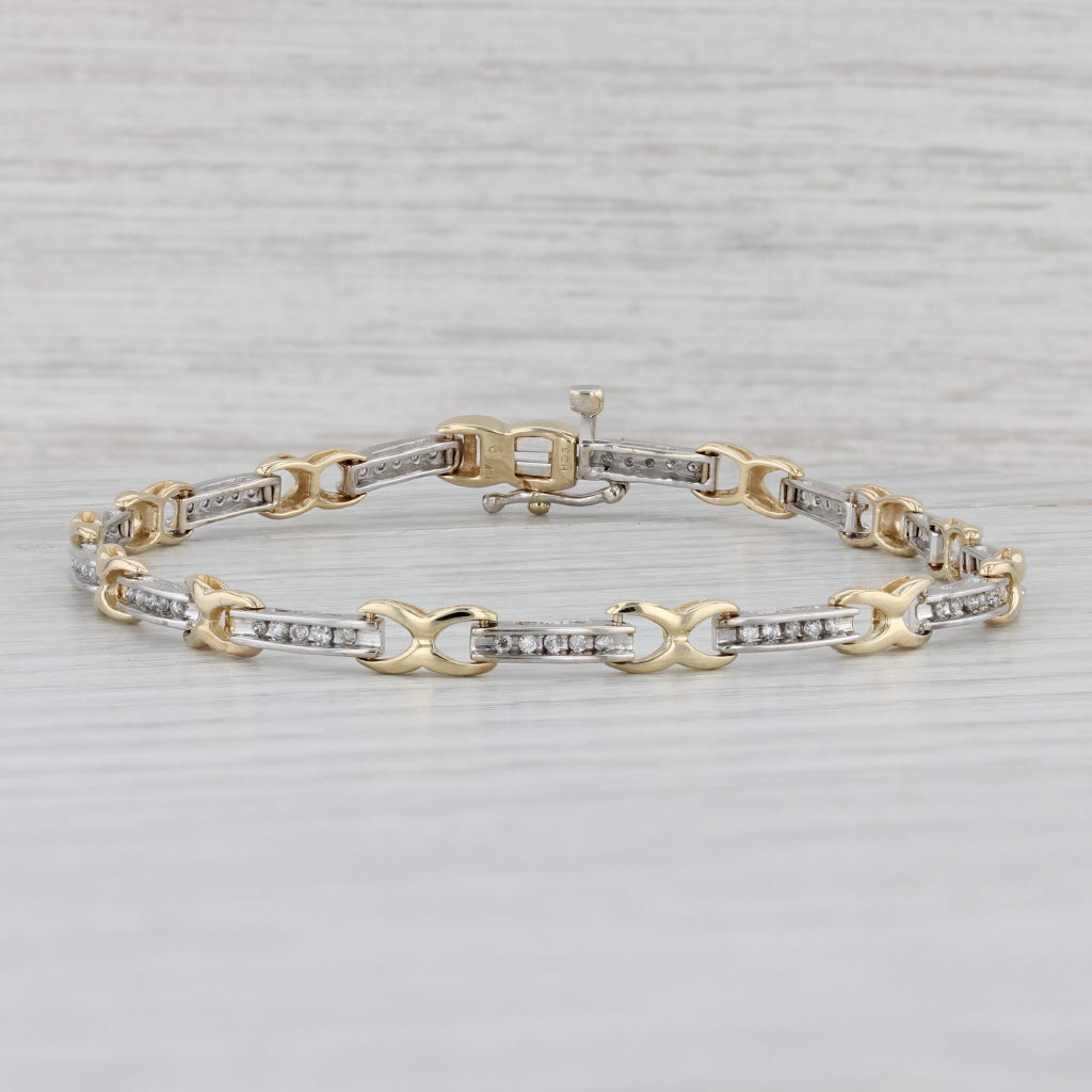 Gray 0.40ctw Diamond Bar X Link Bracelet 10k White Yellow Gold 7.25" 4.1mm