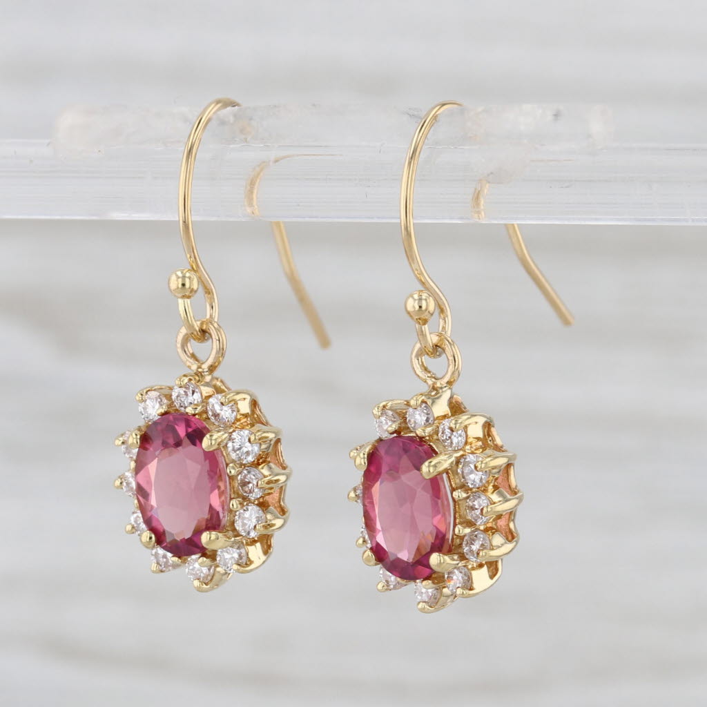 2.07ctw Pink Tourmaline Diamond Halo Dangle Earrings 18k Yellow Gold Hook Posts