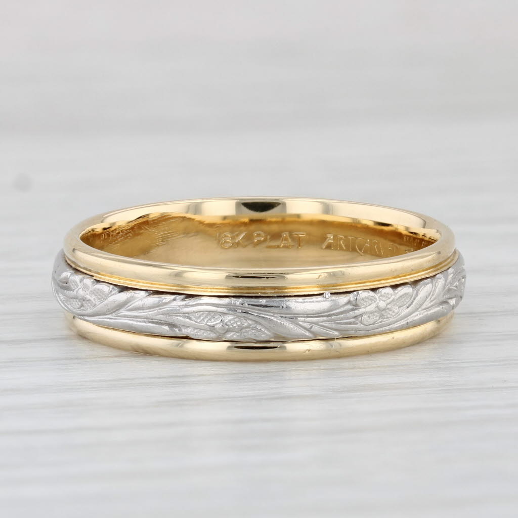 Light Gray Wheat Etched Men's Wedding Band 18k Gold Platinum Size 10.75 2-Tone Ring