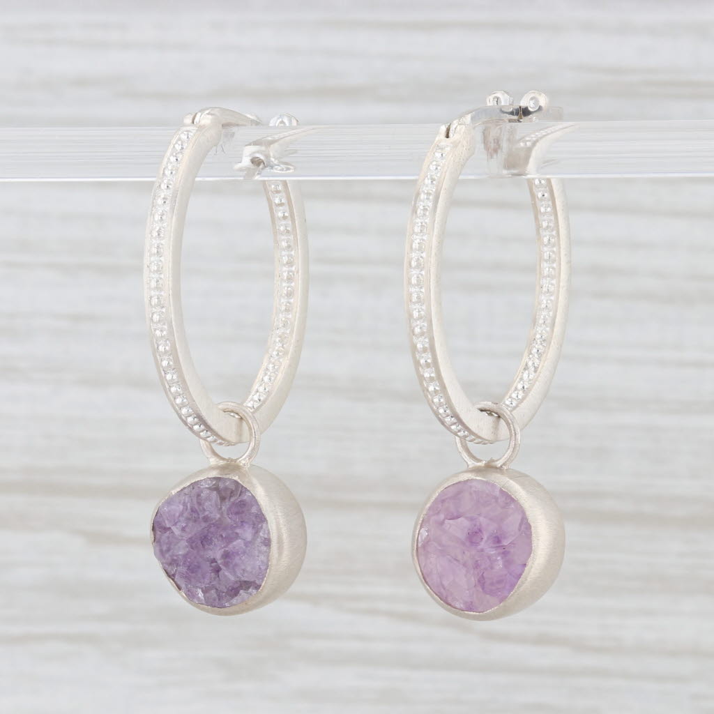 New Nina Wynn Druzy Amethyst Hoops with Charms Earrings Sterling Silver