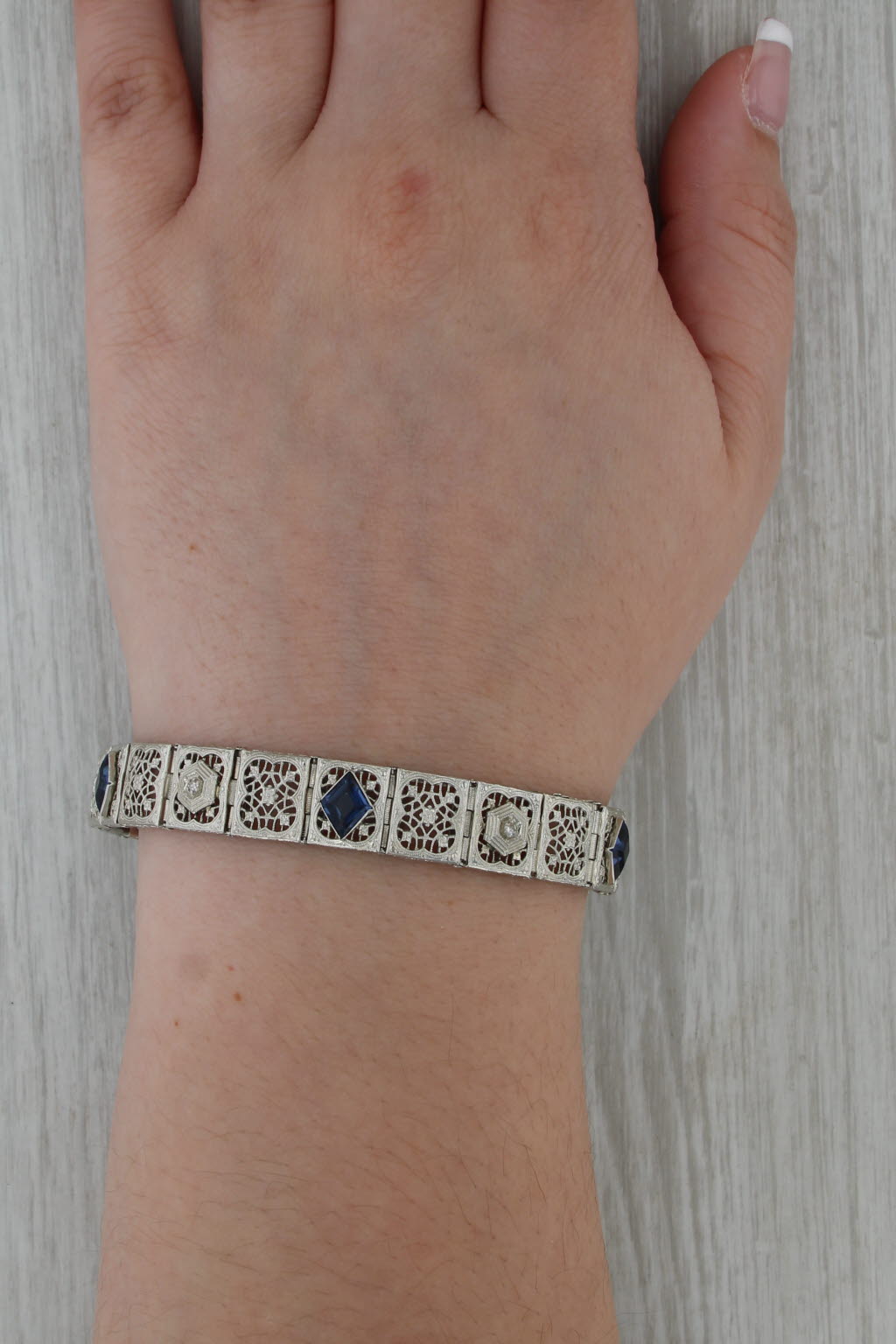 Art Deco Filigree Bracelet Diamond Imitation Sapphire 14k White Gold 7" 11mm
