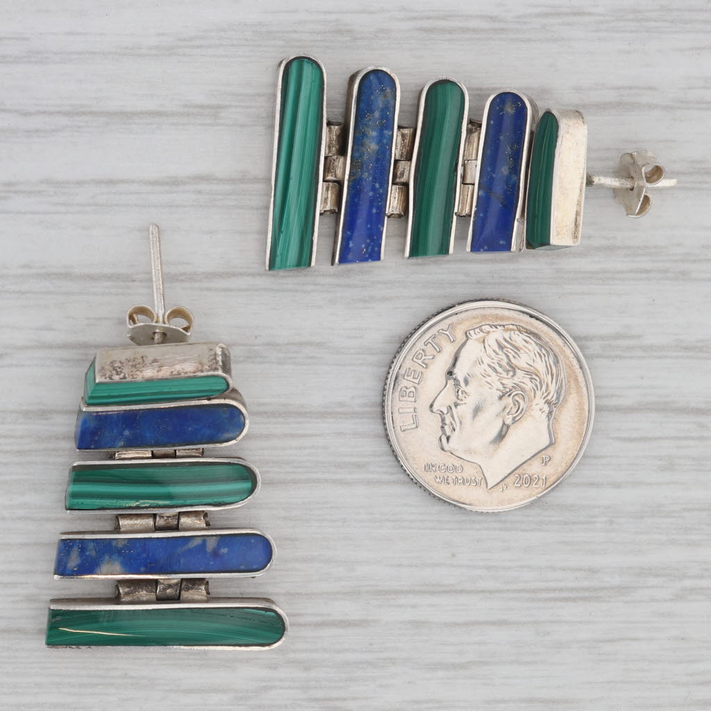 Gray Southwest Green Malachite Blue Lapis Lazuli Dangle Earrings Sterling Silver