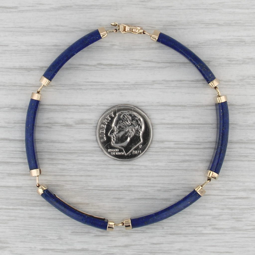 Lapis Lazuli Bar Link Chinese Character for Luck Bracelet 14k Yellow Gold 7.25"