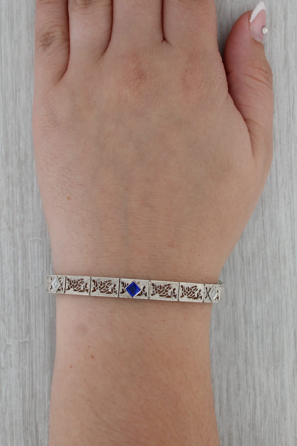 Vintage Diamond Filigree Bracelet 14k White Gold 7" 6.6mm Blue Glass