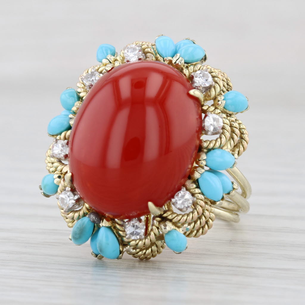 Vintage Coral Turquoise Diamond Cocktail Ring 14k Yellow Gold Size 7.5