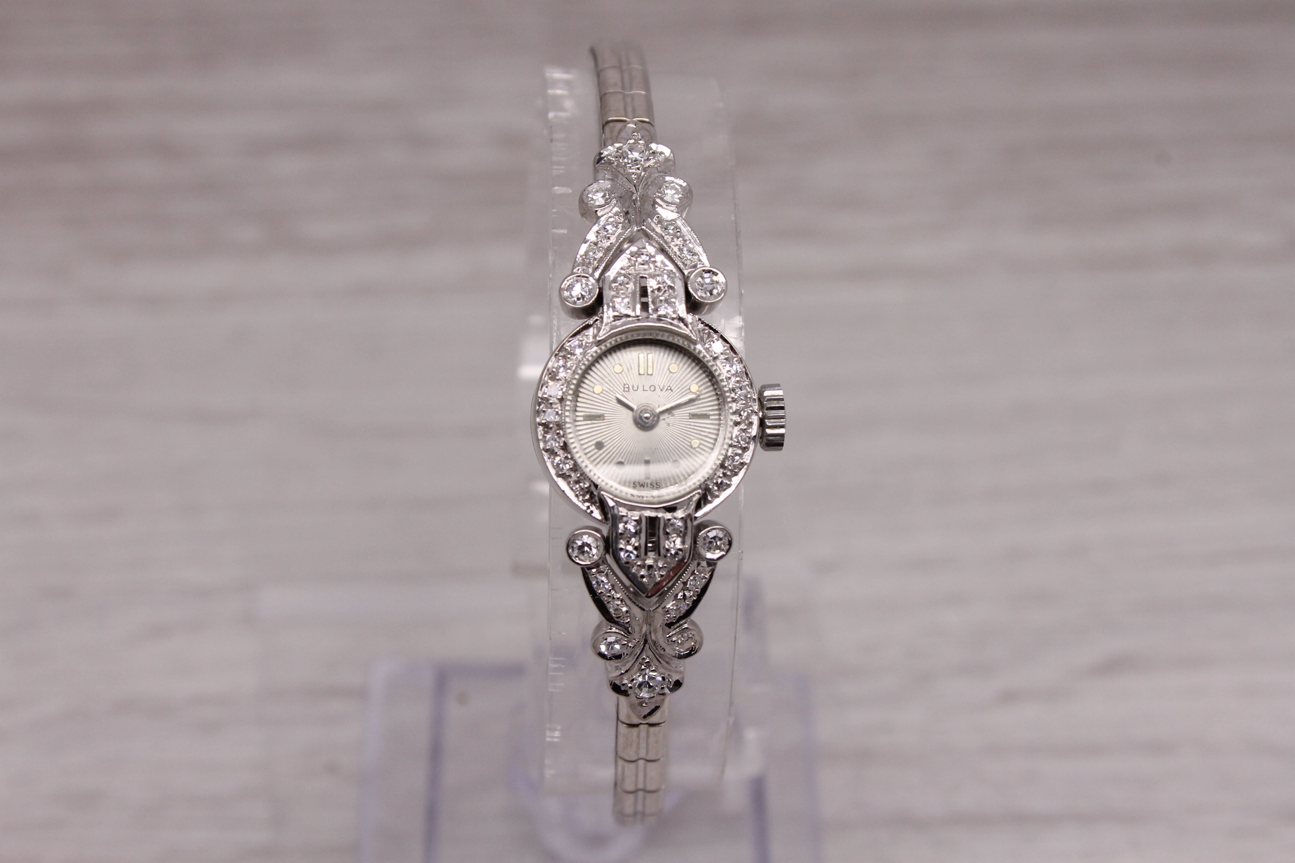 Dark Gray Vintage Bulova Ladies 14k White Gold & Diamond Wrist Watch 0.30ctw - Serviced -