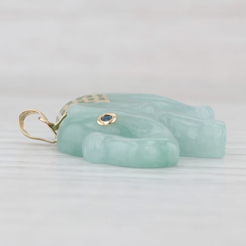 Green Jadeite Jade Elephant Pendant Shou Longevity Chinese Sapphire 14k Gold