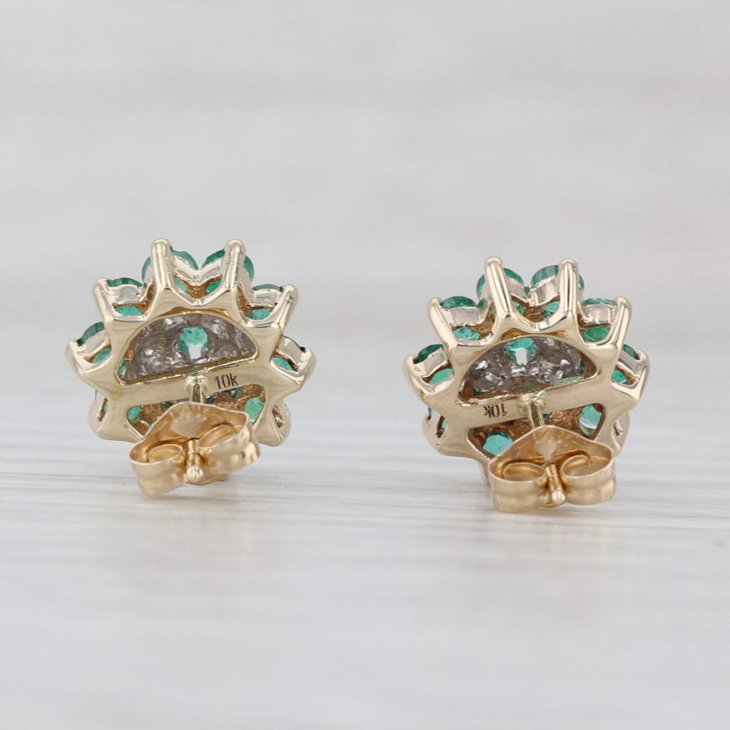 1.02ctw Emerald Diamond Stud Earrings 10k Yellow Gold Flower Studs