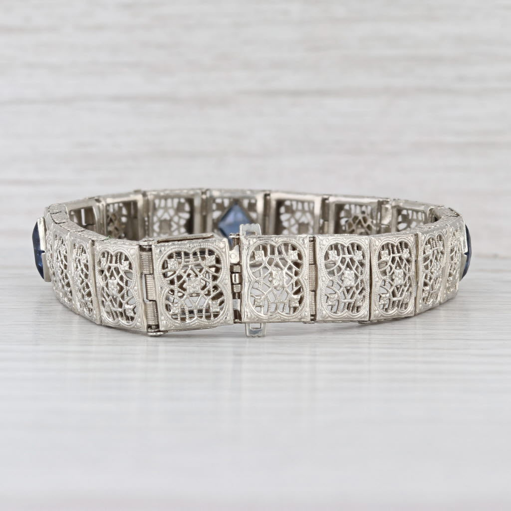 Art Deco Filigree Bracelet Diamond Imitation Sapphire 14k White Gold 7" 11mm