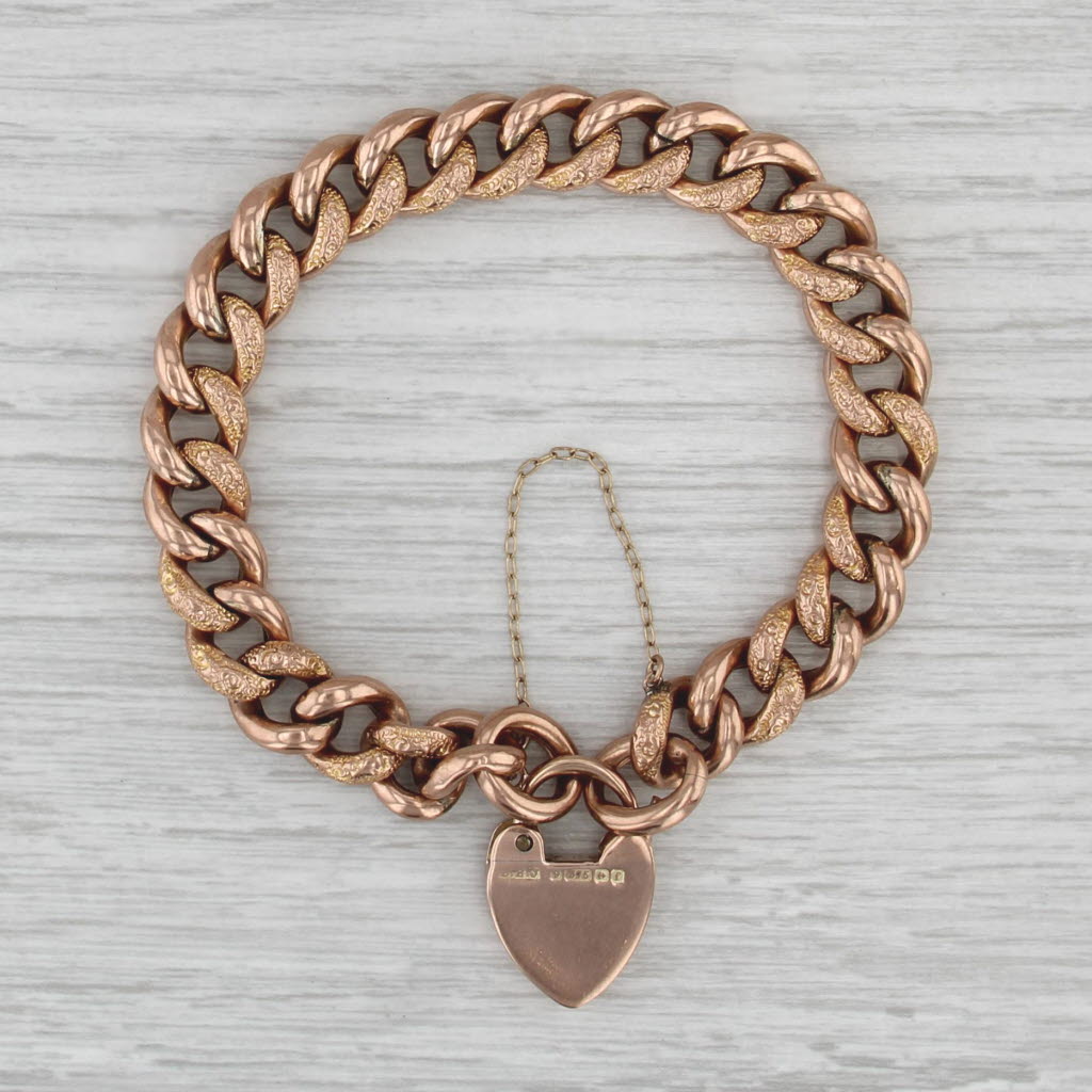 Antique British Heart Lock Charm Bracelet 9k Rose Gold 7.5" Curb Chain