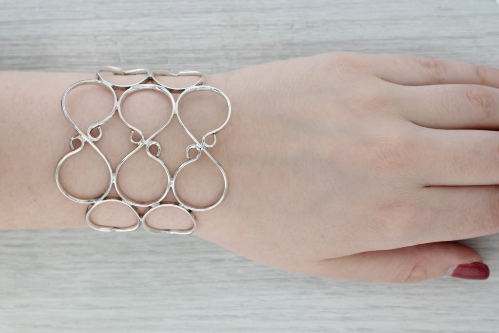 Gray Open Work Cuff Bracelet Sterling Silver Mexico 7" Statement