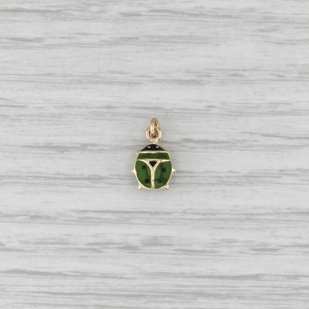 Green Ladybug Charm 14k Yellow Gold Resin Small Drop Pendant Good Luck