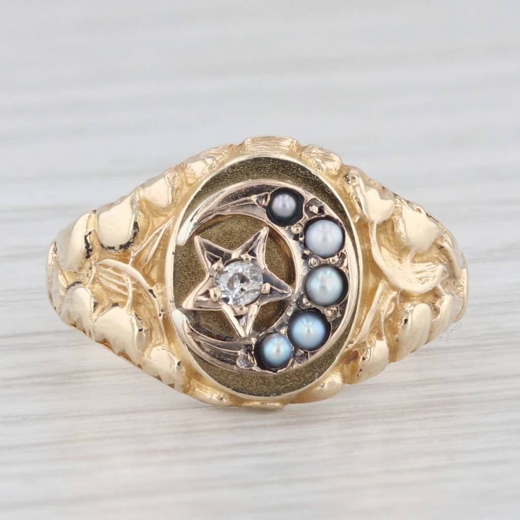 Light Gray Antique Diamond Star Pearl Crescent Moon Ring 10k Gold Size 4.25 Signet