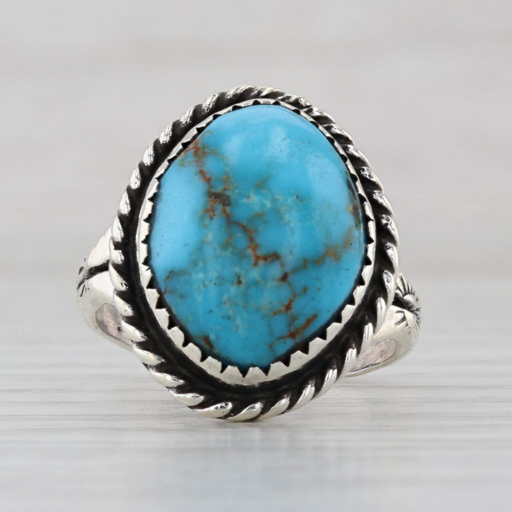 Oval Cabochon Turquoise Ring Sterling Silver Size 6.25 Stamped Native American