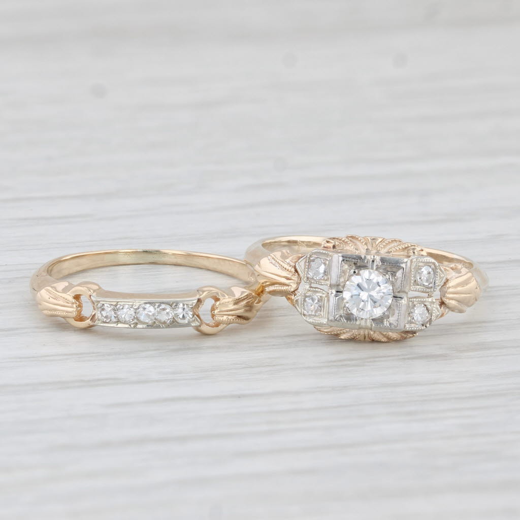 Light Gray Vintage 0.28ctw Diamond Engagement Ring Wedding Band Bridal Set 14k Yellow Gold