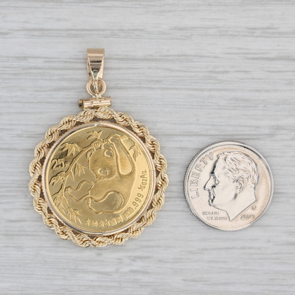 Gray Authentic Chinese Panda Coin Pendant 14k Bezel 1/4ozt 999 Gold 1985 25 Yuan