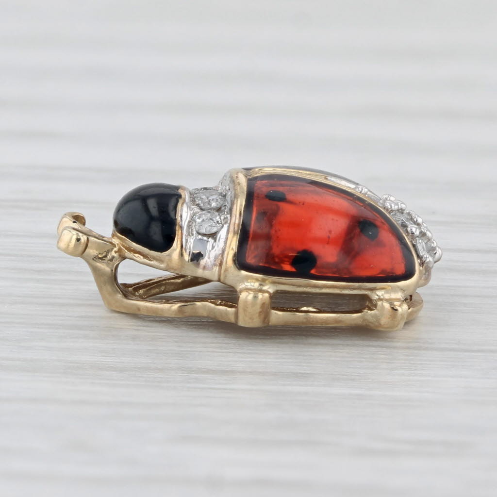 Light Gray Diamond Accented Ladybug Pendant 10k Yellow Gold Enamel Small Drop