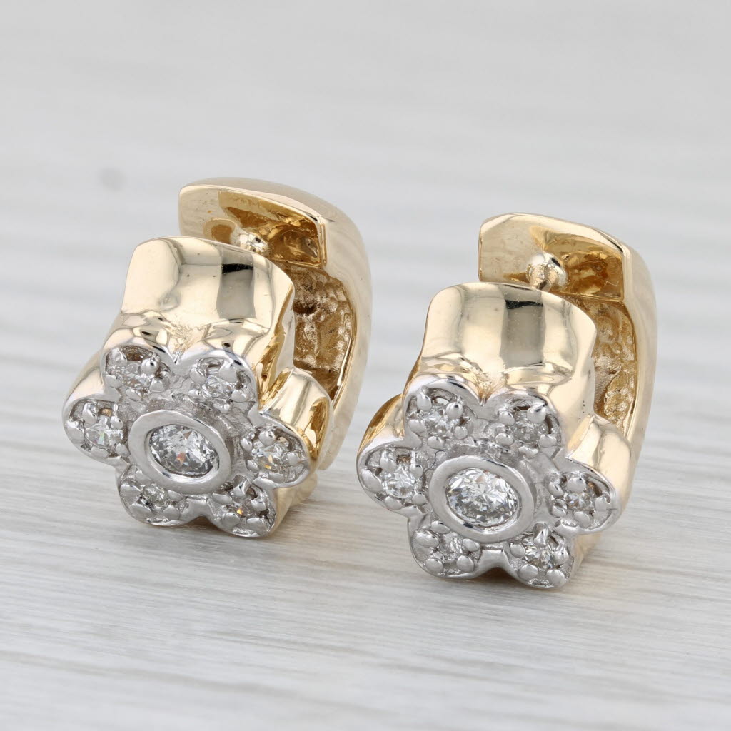 Light Gray 0.38ctw Diamond Flower Huggie Small Hoop Earrings 14k Yellow Gold Snap Top