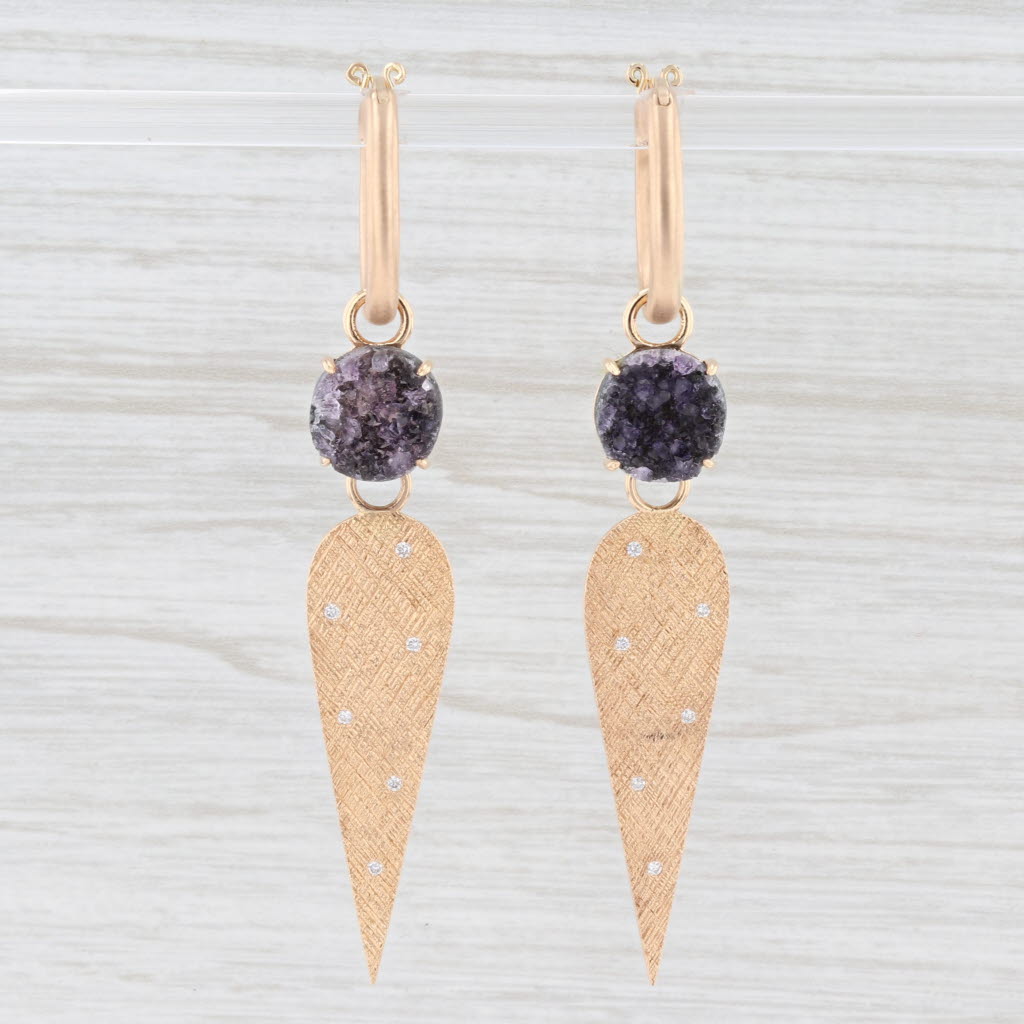 New Nina Wynn Hoop Earrings 18k Gold Druzy Amethyst Diamond Charms