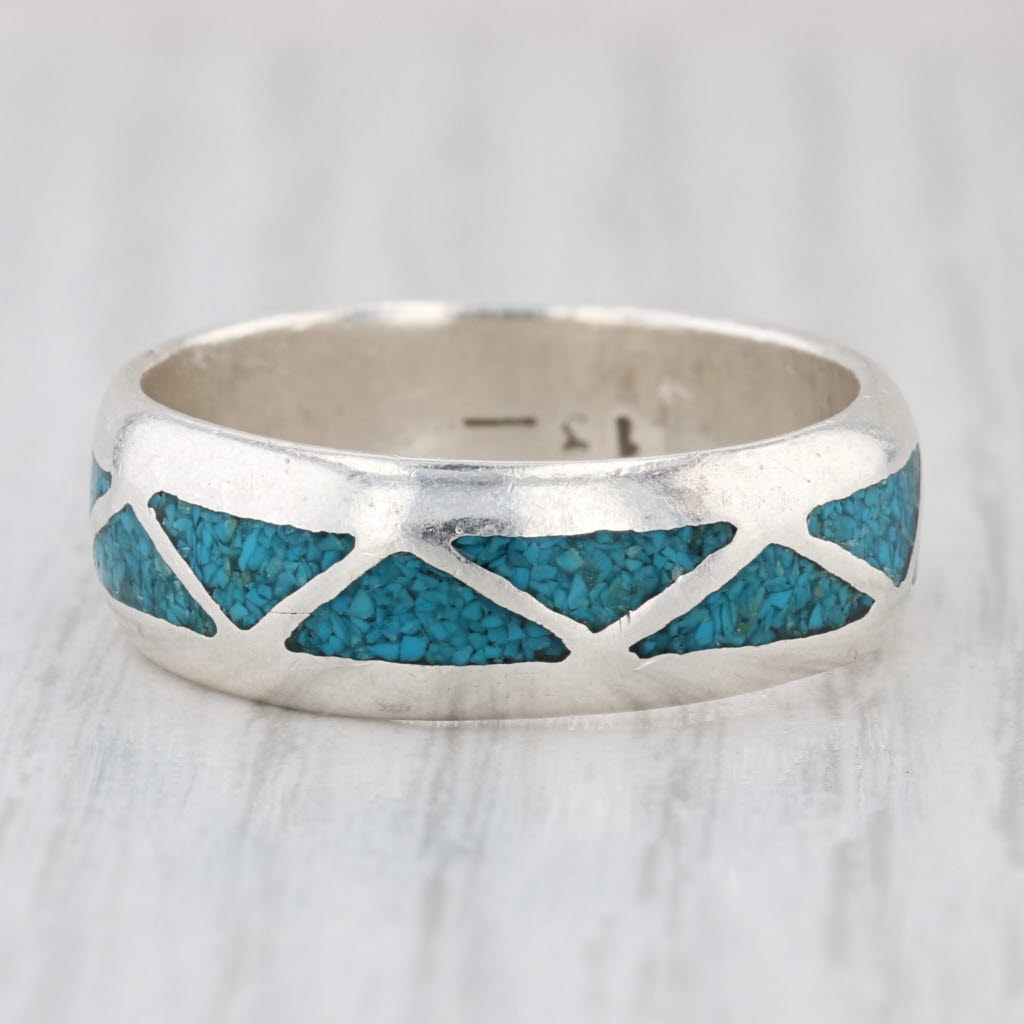 Vintage Southwestern Turquoise Mosaic Ring Sterling Silver Size 13.5 Men's Band
