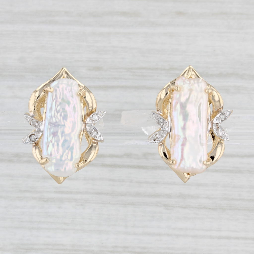 Light Gray Keshi Pearl Diamond Stud Earrings 14k Yellow Gold