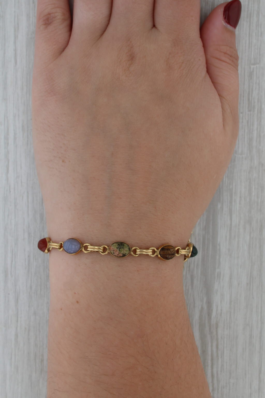 Vintage Carved Scarab Stone Bracelet Gold Filled Tigers Eye Chalcedony Carnelian