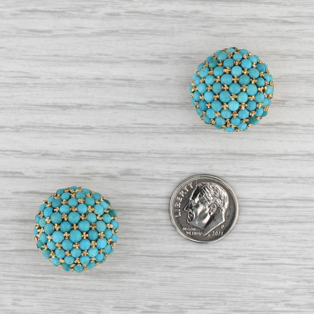 Vintage Turquoise Bead Cluster Button Stud Earrings 18k Yellow Gold Clip On