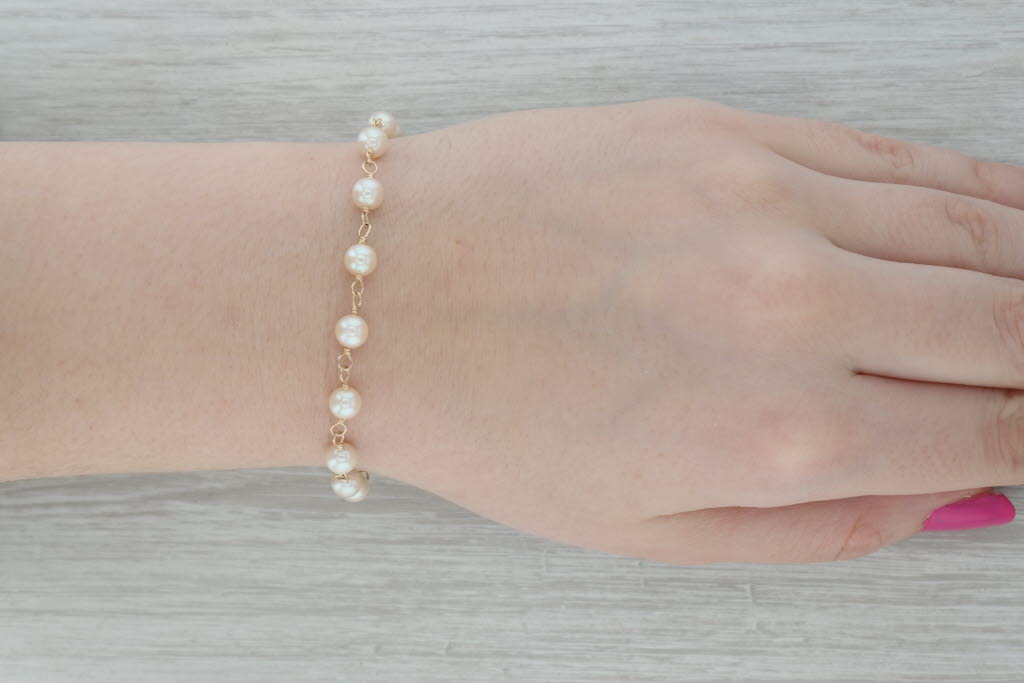 Dark Gray Cultured Pearl Chain Bracelet 14k Yellow Gold 7.5"