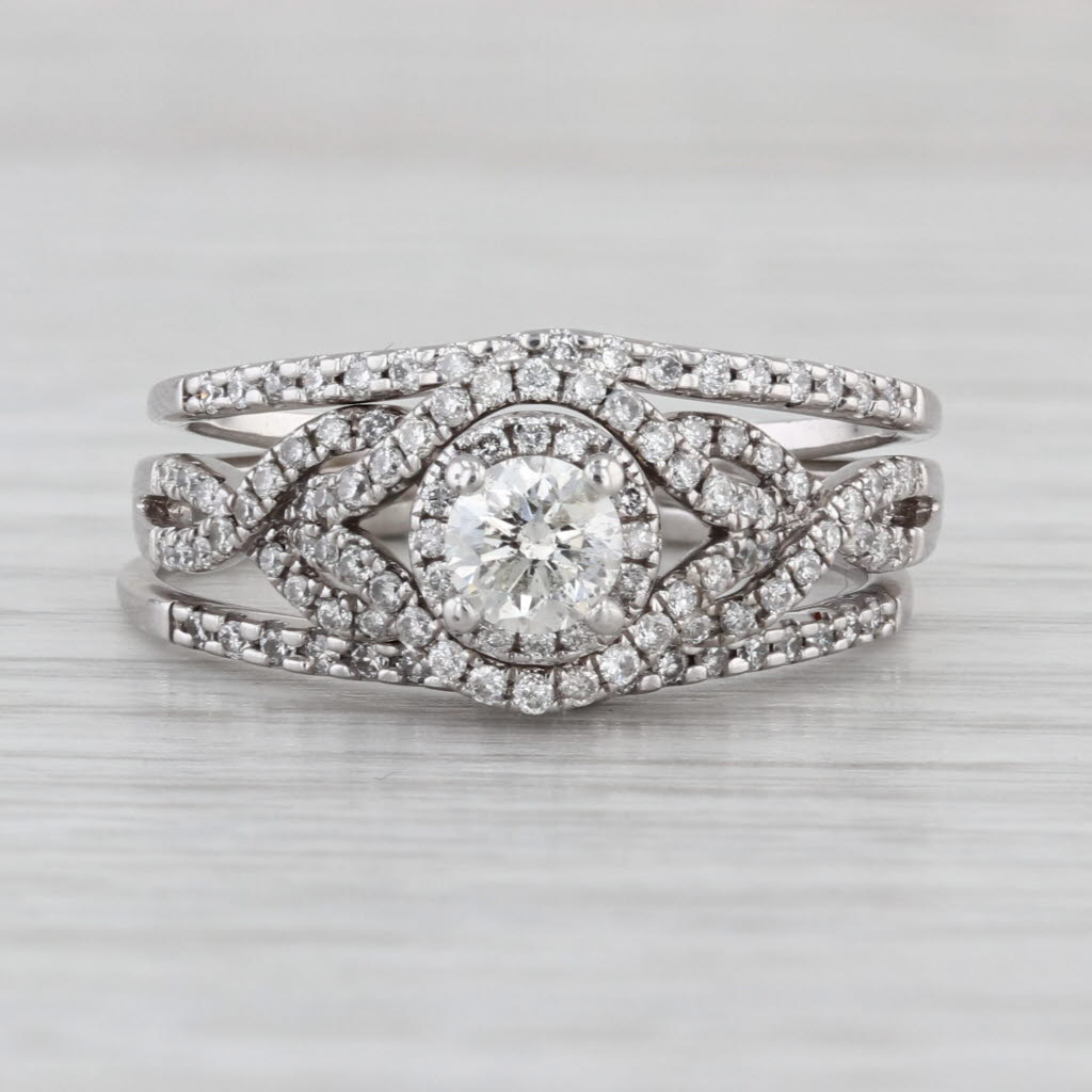 0.95ctw Round Diamond Halo Engagement Ring Wedding Band Bridal Set 14k Gold