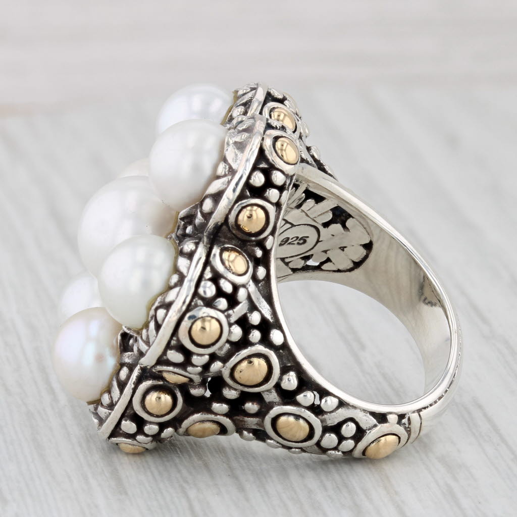 Light Gray John Hardy Cultured Pearl Cluster Ring Sterling Silver 18k Gold Size 7 Statement