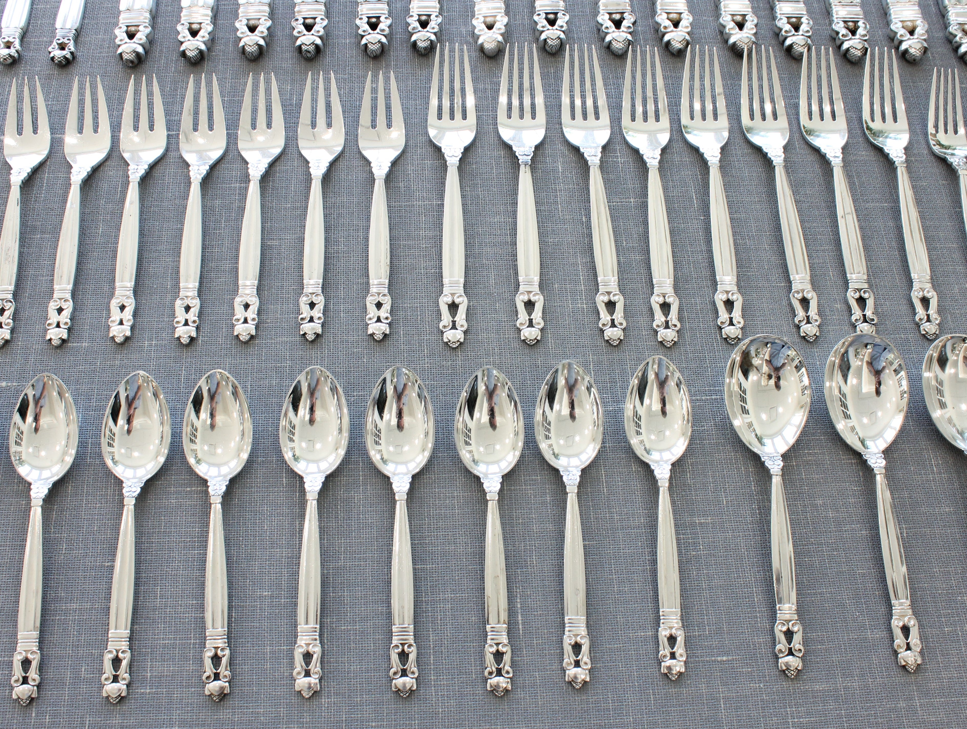 Slate Gray Georg Jensen Acorn Sterling Silver Flatware Set 10pc Service of 8 Danish Cutlery