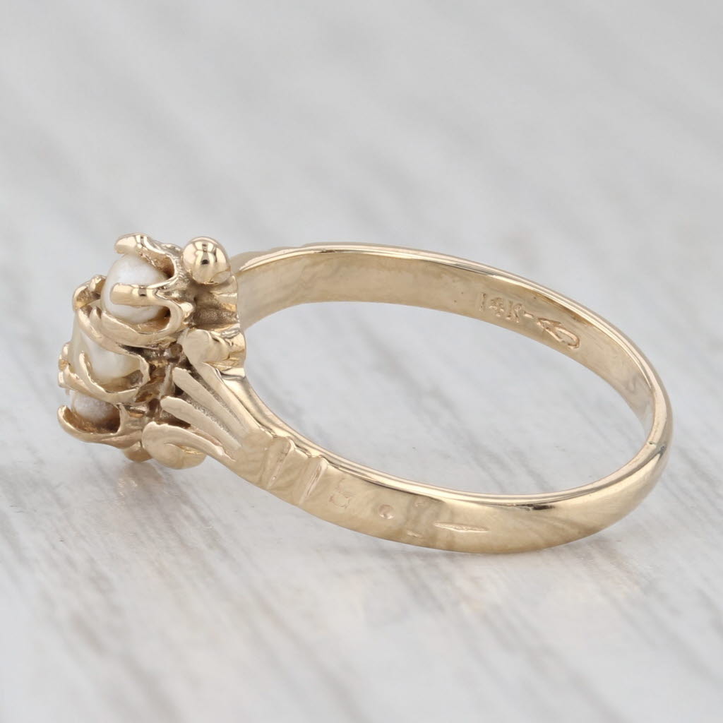 Light Gray Victorian 3-Stone Cultured Pearl Bypass Ring 14k Yellow Gold Size 4.5