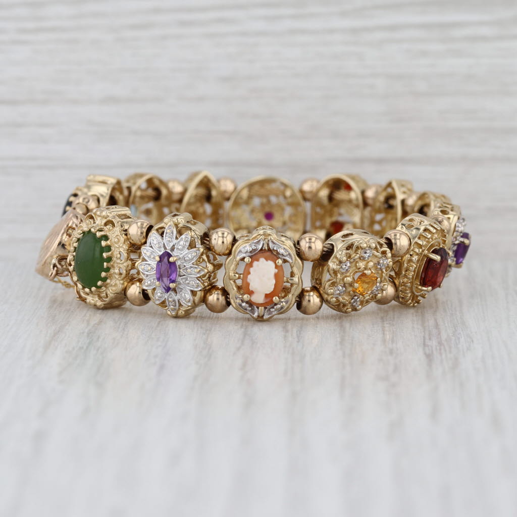 OMG Richard Klein Vintage Slide Charm Bracelet Gemstone Cameo 6.75" 14k 10k Gold
