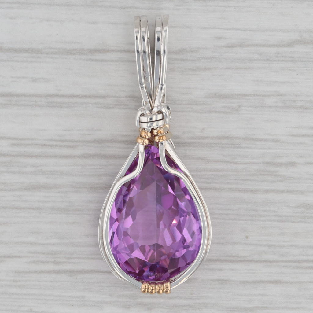 Gray 14.30ct Lab Created Purple Sapphire Wire Wrap Pendant sterling Silver Teardrop