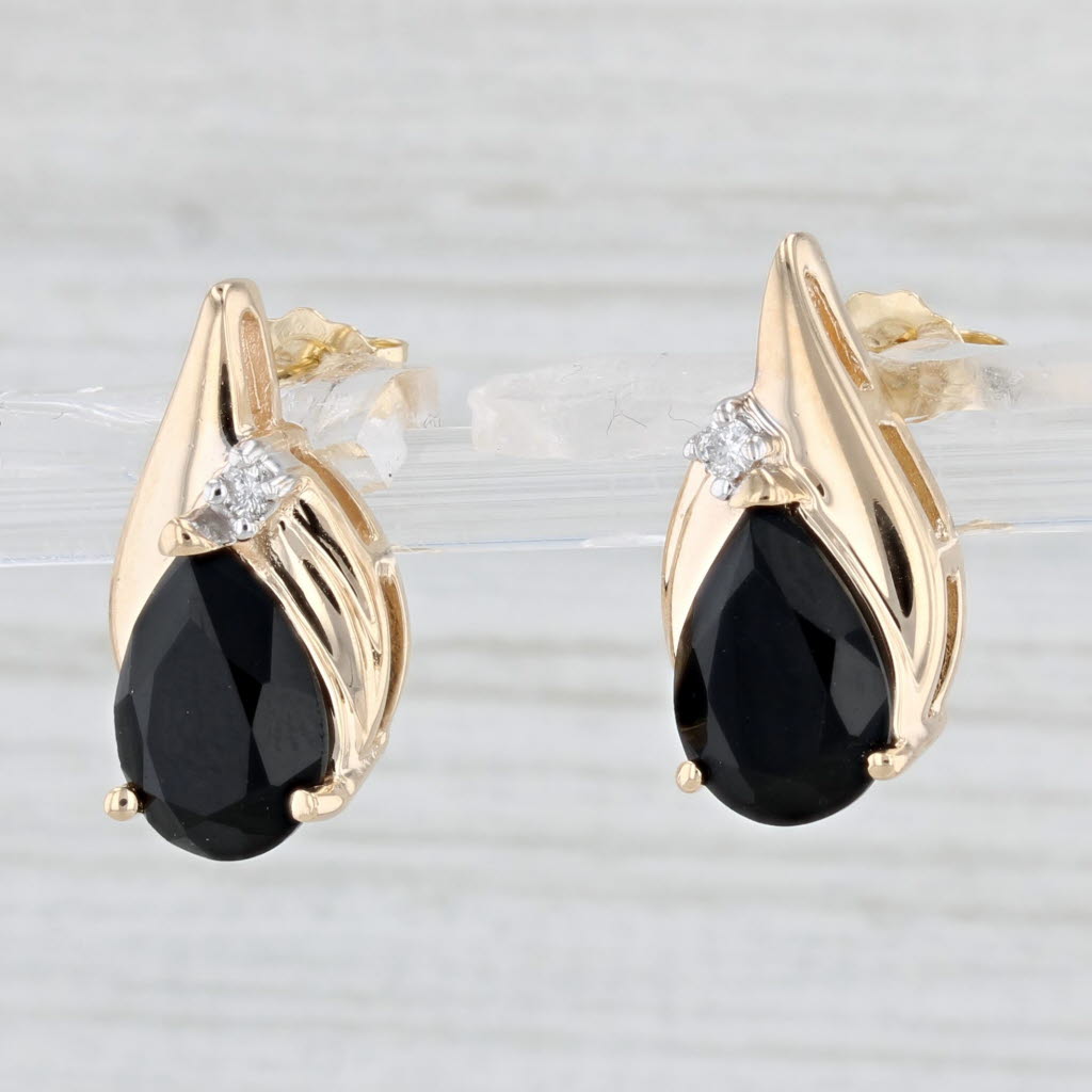 Light Gray Pear Onyx Diamond Teardrop Stud Earrings 14k Yellow Gold